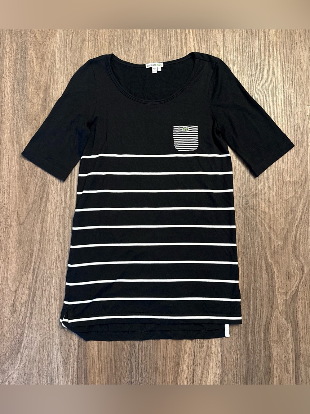 Lacoste Black Tee with White Horizontal Stripes and Pocket size 42